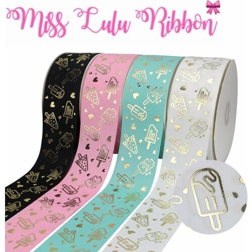 3"75mm Gold Foil Strawberry Ice Cream Heart Solid Grosgrain Ribbon DIY Bowknots Hair Band Making 50yards/roll