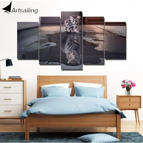 ArtSailing HD print 5 piece canvas art abstract kitten and tiger Reflection Painting wall pictures for living room DropShipping
