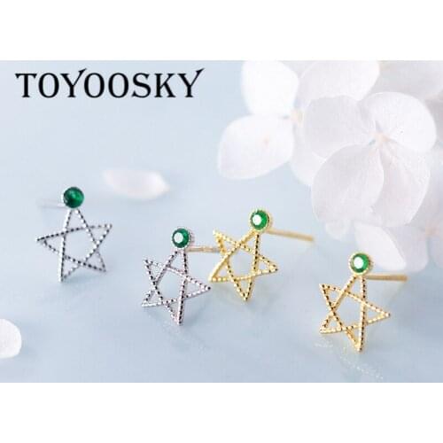 925 Sterling Silver Small Stud Earrings Hollow Star Green Zirconia Piercing Earring For Women Girl Friends Teens
