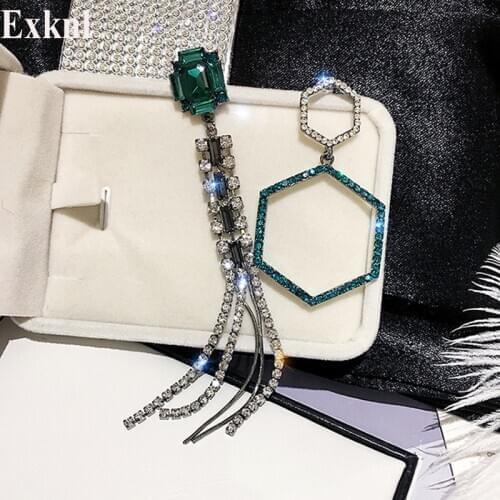 Exknl Long Big Earrings for Women Green Bridal Crystal Earings Party Tassel Geometric Drop Earrings Fashion Jewelry Earrings
