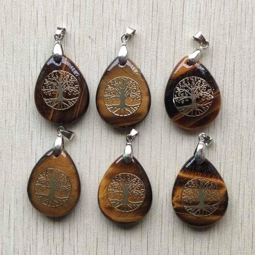 Good quality natural tiger eye stone water drop shape tree of life pendants for jewelry making free shipping wholesale 6pcs/lot