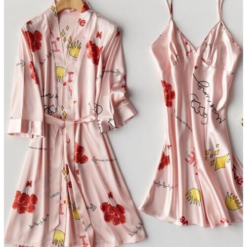 2PCS Sleep Set Nightdress Women Kimono Gown Bathrobe Satin Nighty&Robe Suit Bride Bridesmaid Wedding Robe Sexy Sleepwear