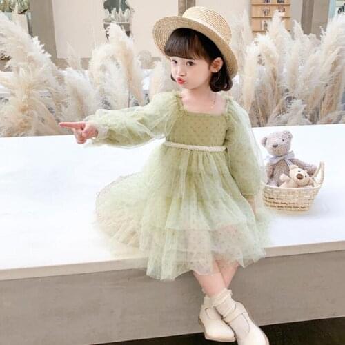 Toddler Clothes Girls Lace Princess Dress Spring New Kids Fashion Pearl Mesh Dress Birthday Party Costume Layered Dress 1-7Yrs