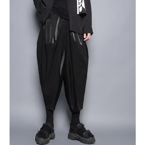 New mens personality casual loose Harun drop crotch pants low grade hip hop wide leg with drop sense splicing Ninth pants