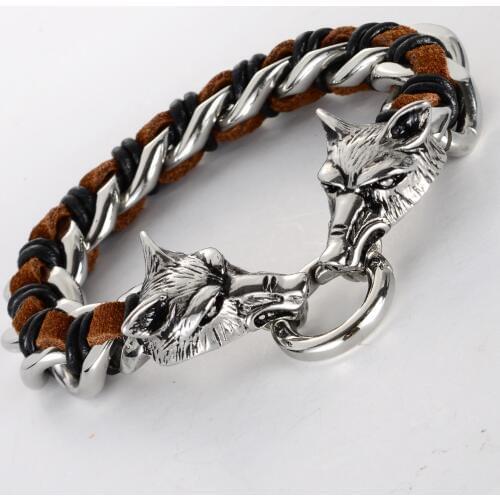 Men stainless steel leather wolf bracelet 316L biker heavy jewelry gifts silver gold tone KL03 wholesale dropship 8.5"