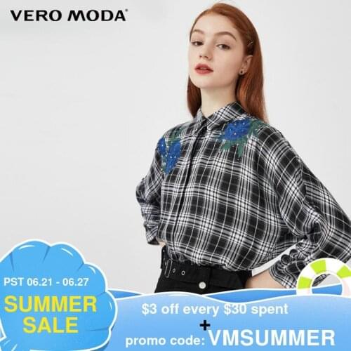 Vero Moda Women Studded Bead Sequin Embroidery Flower Plaid Shirt | 320231554