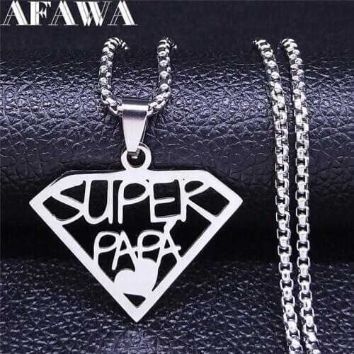 Crystal Shape Super PAPA Stainless Steel Necklace for Men Silver Color Statement Necklace Jewelry Fathers Day Gift N4249S01