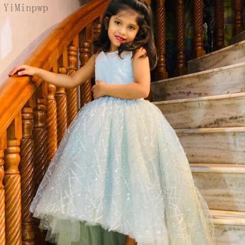 YiMinpwp Mint Ball Gown Flower Girl Dresses for Weddings O Neck High Low Sash Sequined Child Birthday Party Gowns Custom
