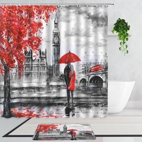 Red Maple Leafs Romantic Couple Shower Curtains Scenery Bathroom 2-Piece Set Non-Slip Carpet Mats Bath Curtain Home Decoration