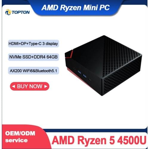TOPTON AMD Ryzen 5 4500U Mini PC Windows 10 2*LAN 2*DDR4 Max 64GB M.2 PCIE Desktop Gaming Computer 4K Radeon Graphics AX WiFi6