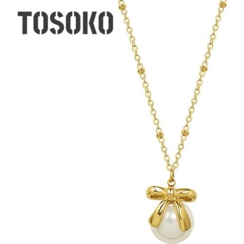 TOSOKO Stainless Steel Jewelry Pearl Bow Pendant Necklace Elegant And Sweet Female Clavicle Chain BSP1080