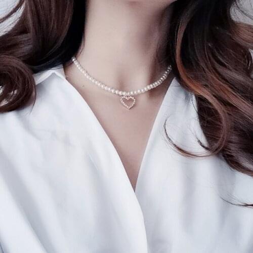 Spring Jewelry Accessories Necklace Rhinestone Heart Pendant Necklace Choker Short Clavicle Chain Imitation Pearl Necklace