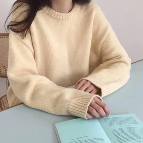 Vintage Solid Candy Color Knitted Sweater Korean Style O Neck Long Sleeve Pullover Sweater Women Elegant Harajuku Preppy Sweater