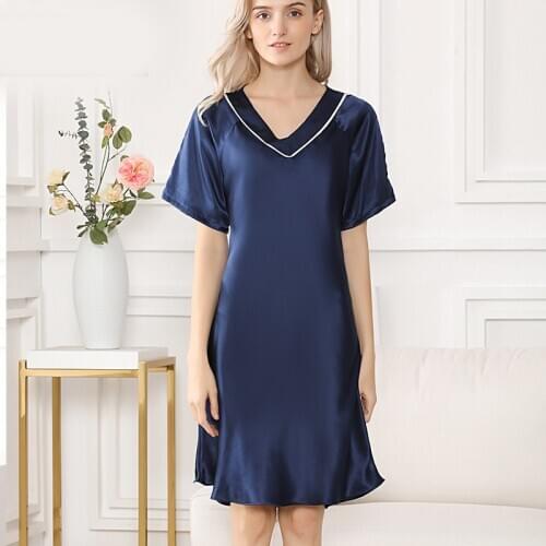100% silk Nightgown Lady Short-sleeved silk Sleepwear women spring autumn summer night dress female silk nightdress
