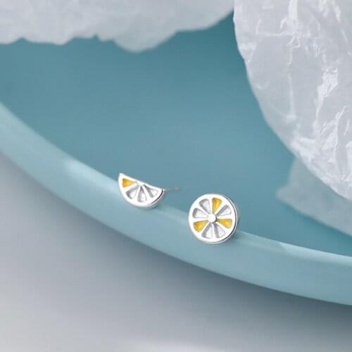 ALLNEWME Funny Asymmetric Metallic Small Lemon Stud Earrings for Women Ladies Silver Yellow Color Alloy Earrings Accessories