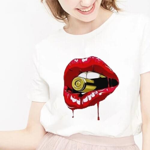 ZOGANKIN Women T Shirts Red Mouth Lip Lovely Print Tops O-Neck Short Sleeve Woman All-match Cotton Tee Funny Girls Shirt