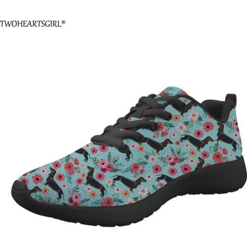 Twoheartsgirl Dachshund Floral Prints Women Casual Sneakers Nurse Comfortable Mesh Flats Shoes for Female Teenage Girls Sneakers