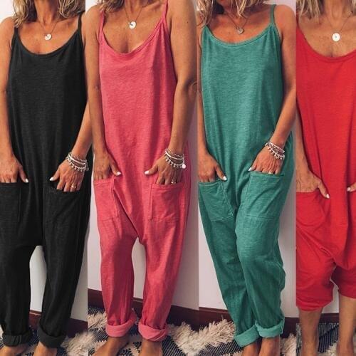 Women Casual Loose Pocket Jumpsuits Summer Beach Romper Solid Sleeveless Overalls Jumpsuit