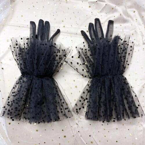 Women Sheer Wedding Bridal Short Slim Gloves Net Full Finger See Through Ruffled Dots Lace Wrist Costume Prom Party Gloves
