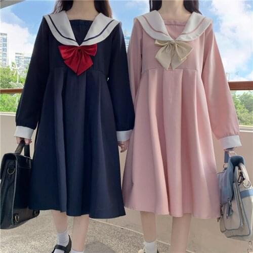 2020 new Fall Harajuku Sailor Collar Dress Japanese Sweet Soft Sister Girl Lovely Bow Kawaii Preppy style Pink Women Vestidos