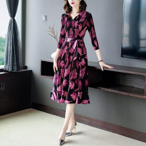OL Pleated Printed Dress For Women 2021 Spring Fashion Long Sleeve Ladies Lace Up Waist Large Size Clothing Business Dress zh125