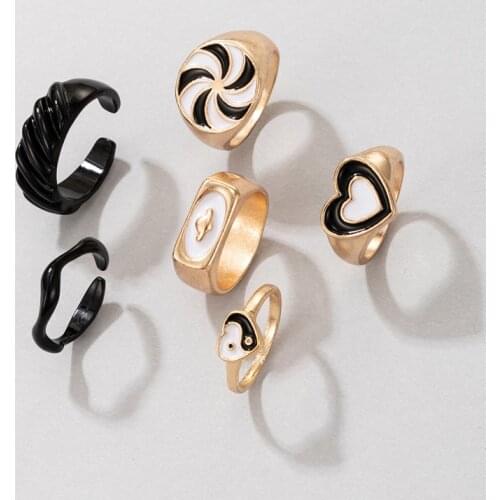 Tocona 6pcs/sets Trendy Heart Gold Ring Sets Black White Dripping Oil Yi Yang Tai Chi Geoemtry Jewelry for Women Anillo 19850