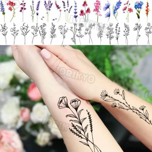 Black Lily Poppy Flower Small Temporary Tattoos For Women Girls Lavender Lotus Fake Tattoo Sticker Waterproof Arm Tattoo Tatoos