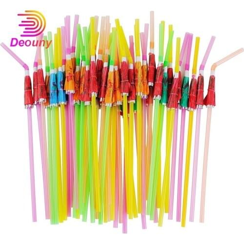 DEOUNY 50PCS Umbrella Parasol Drinking Plastic Straws Hawaiian Beach Cocktail Luau Party Decorations Supplies Bar Accessories