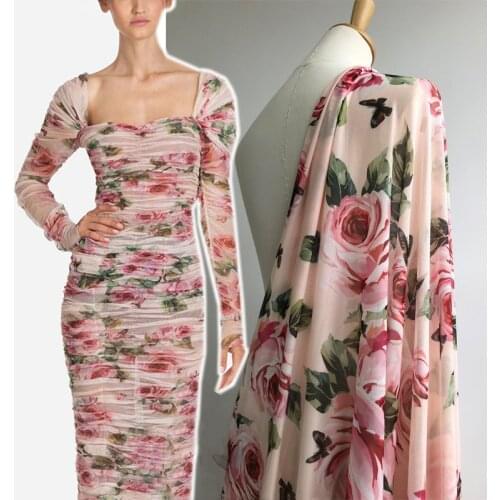 Rose printed mesh polyester fabric cloth 145 cm width Summer sewing children pajamas parent-child wear fabric for dress