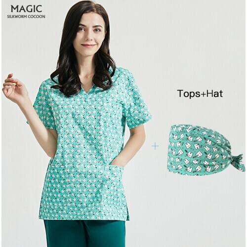 Teeth Print Cotton Scrubs Women Short Sleeve V Neck Spa Uniform Beauty Salon Workwear Scrubs Tops Pet Grooming Agency Clothes