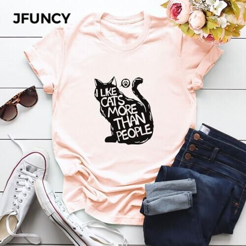 JFUNCY I Love Cat Print 100%Cotton Summer T Shirt Women Short Sleeve T-shirt Female Tees Plus Size Casual Lady Basic Tops