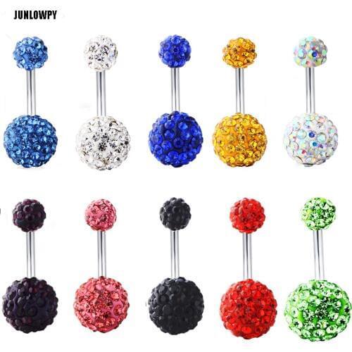 JUNLOPWY Surgical Steel Mix 10 Colors With Double Crystal Balls Belly Button Rings Navel Bar Barbell Piercing Body Jewelry 14g