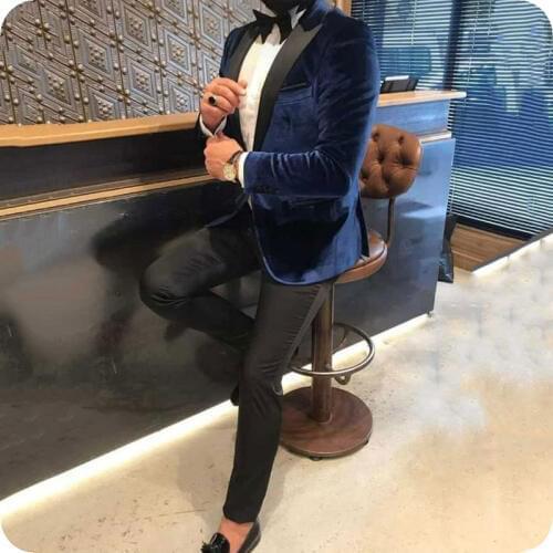 Royal Blue Velvet Prom Suits Smoking Jacket Men Suits for Wedding Costume Homme Groom Tuxedos 2Piece Slim Fit Terno Masculino