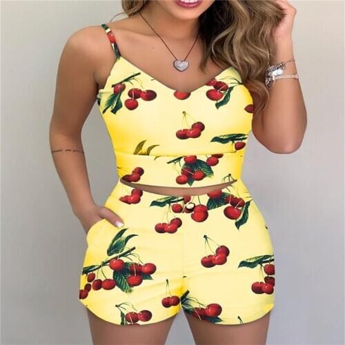Fashion Ladies Suit Female Cherry Printed Suit Sexy V-neck Suspenders+Shorts Suit For Women Hot Sale