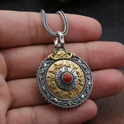 S925 Sterling Silver Thai silver Engrave Zodiac Manjusri Nine palace Circle Pendant Rotate the Buddhism Round Necklace