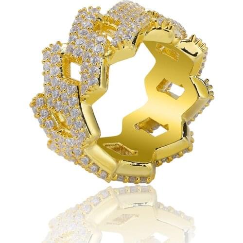 New Fashion Hip Hop Iced Out Cuban Ring Mens Prong Setting Gold Silver Color Jewerly Bling Cubic Zirconia Ring Charm Jewelry