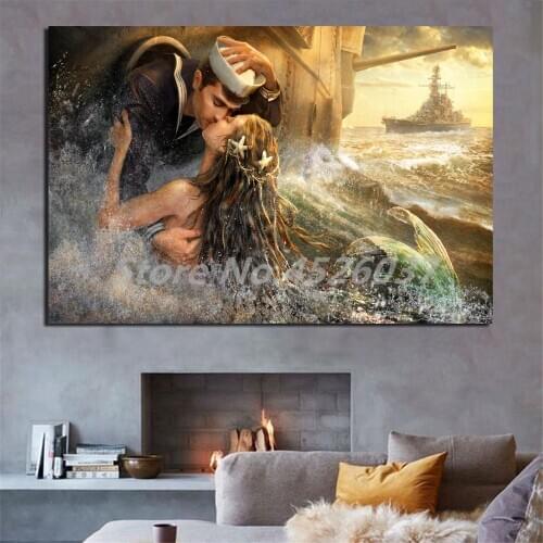 Sea Ships Sailor Mermaid Kiss Posters Paintings On Canvas Modern Art Decorative Wall Pictures Home Decoration