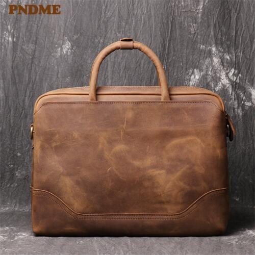 PNDME mens genuine leather briefcase retro simple office laptop bag high quality luxury lawyer bag cowhide brown messenger bags