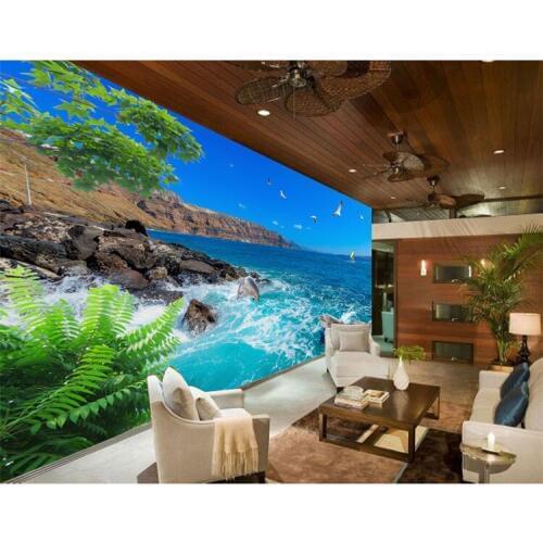 Custom 3D Photo Wallpaper Sea View Blue Sky Dolphin Seagulls Living Room Wall Decor Mural Wallpaper Non-woven Papel De Parede 3D