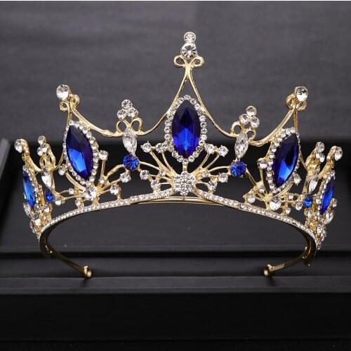 Luxury Baroque Blue Crystal Bridal Crowns Tiara Bride Rhinestone Wedding Diadem Queen Crown HeadPieces Wedding Hair Accessories