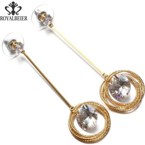 RoyalBeier 1 Pair Fashion Jewelry Round Rhinestones Crystal Earrings Female Simple Golden Circles Long Drop Earrings For Women
