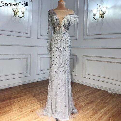 Serene Hill Grey Luxury Beaded Feathers Evening Gown 2021 Sexy One Shoulder Mermaid For Women Formal Party Dress CLA71174
