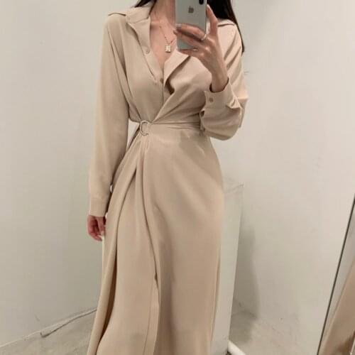 Chic Slim Waist Shirt Dress Woman Clothes Single-breasted Sexy Split Long Dresses Female Korean Khaki Black 2021 Spring Clothing