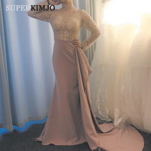 SuperKimJo Vestido Longo Festa High Neck Dusty Pink Evening Dresses Long Sleeve Beaded Elegant Mermaid Cheap Evening Gown 2020