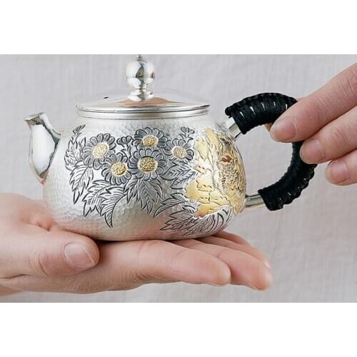 Handmade Silver Kettle Sterling Silver S999 Kettle Kung Fu Tea Set Tea Ceremony Silver Teapot Silverware [235g 220ml]