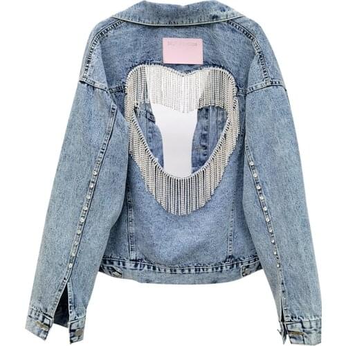 Heart Hollow Out Denim Jacket for Women-Autumn Fashion Rivets and Tessal on Back Jean Coats and Jackets Women Avant-garde Rock