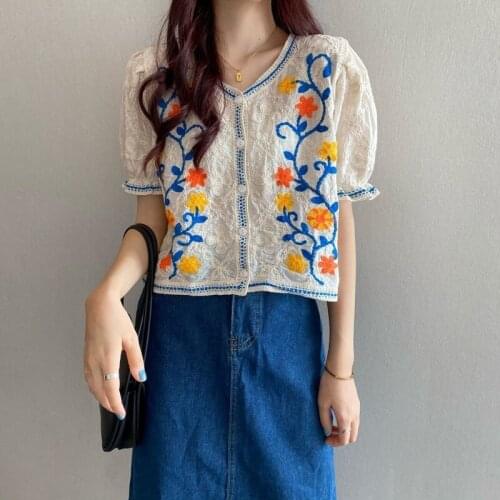 Chinese Style Camisas Mujer Vintage Blouse Crochet Floral Embroider Shirts Women 2021 Summer Ethnic Blusas Puff Sleeve Top 31225