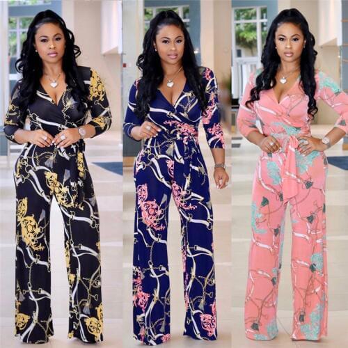 Women Jumpsuits Floral Print Overlay V-Neck Three Quarter Sleeve Sash Lace Up Long Wide Leg Pants Party Club Romper Lady Outwear