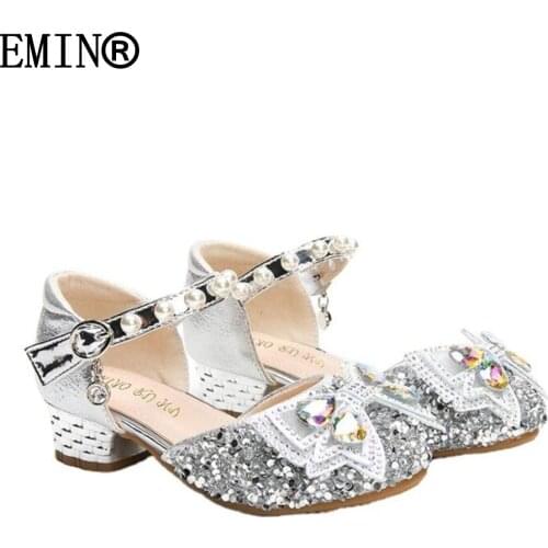 Girls Crystal Flower Shoes 2021 Summer New High Heels Princess Dance Casual Fashion All-match Leather Shoes