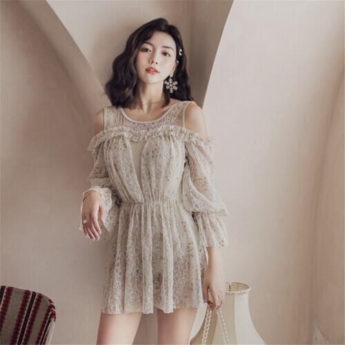 Womens Lace Swimming Costume for Women One Piece Swimsuit Shoulder Swimdress Solid Girls Swimwear Mesh Bathing Suit Beach Dress